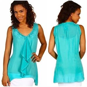 Johnny Was High Low Front Ruffle Tank Top‎ Size M in Turquoise